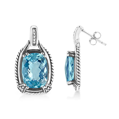 .925 Sterling Silver 14x10mm Cushion Cut Blue Topaz Gemstone and Diamond Accent Dangle Earring (i-j Color I1-i2