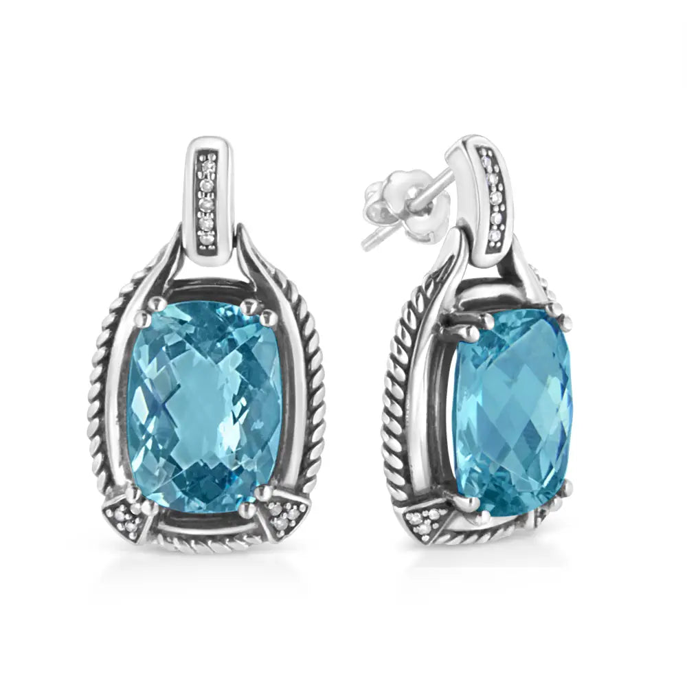 .925 Sterling Silver 14x10mm Cushion Cut Blue Topaz Gemstone and Diamond Accent Dangle Earring (i-j Color I1-i2