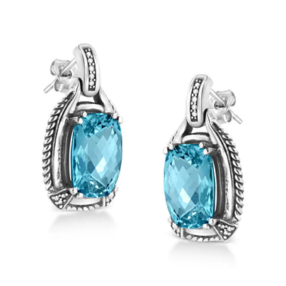 .925 Sterling Silver 14x10mm Cushion Cut Blue Topaz Gemstone and Diamond Accent Dangle Earring (i-j Color I1-i2