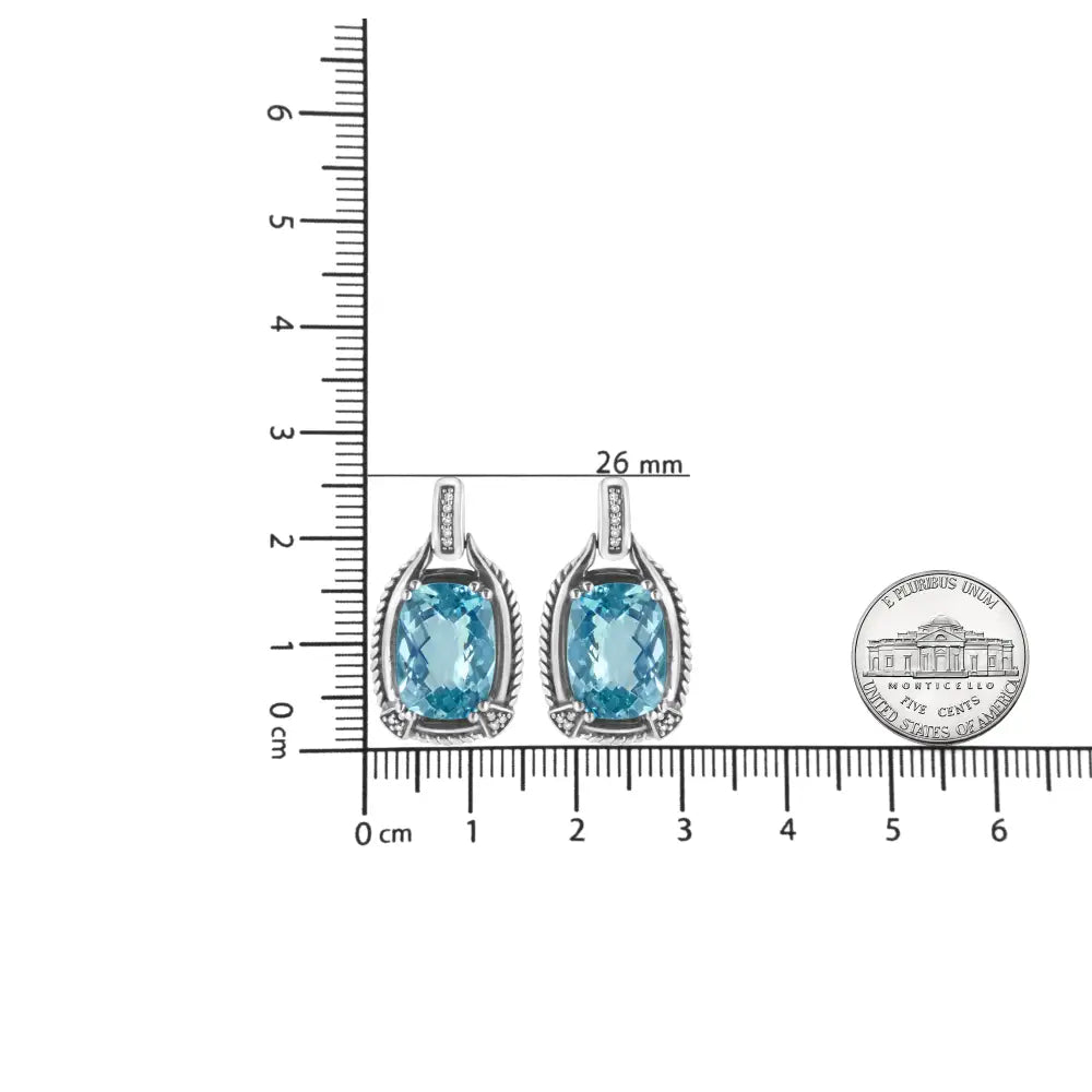 .925 Sterling Silver 14x10mm Cushion Cut Blue Topaz Gemstone and Diamond Accent Dangle Earring (i-j Color I1-i2