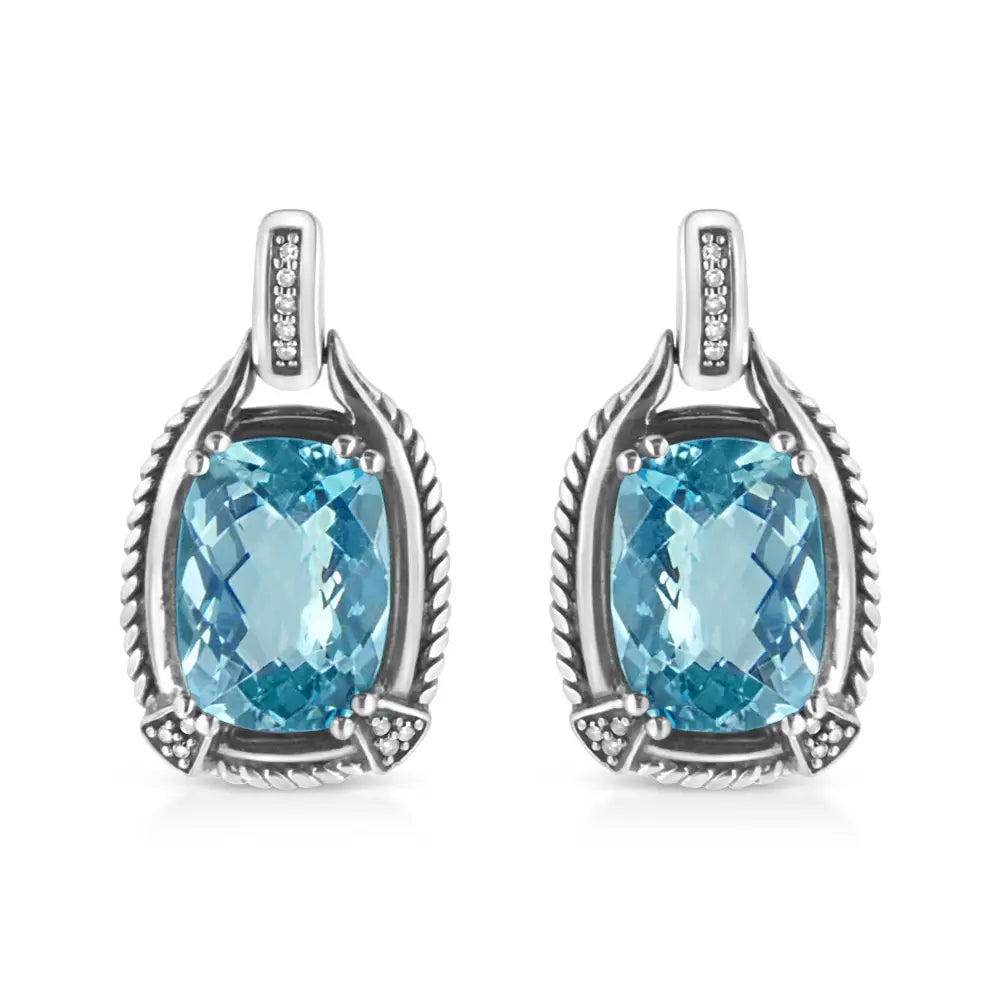 .925 Sterling Silver 14x10mm Cushion Cut Blue Topaz Gemstone and Diamond Accent Dangle Earring (i-j Color I1-i2