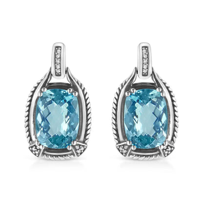 .925 Sterling Silver 14x10mm Cushion Cut Blue Topaz Gemstone and Diamond Accent Dangle Earring (i-j Color I1-i2