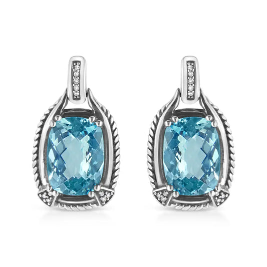 .925 Sterling Silver 14x10mm Cushion Cut Blue Topaz Gemstone and Diamond Accent Dangle Earring (i-j Color I1-i2