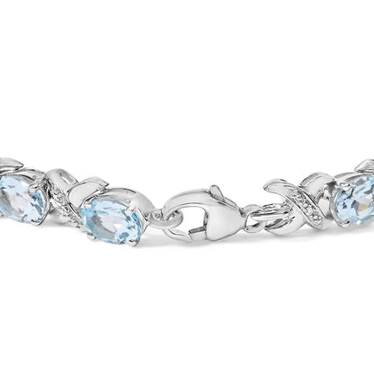 .925 Sterling Silver 16.0 Cttw Oval Blue Topaz and Diamond Accent Tennis x Link Bracelet (i-j Color I1-i2 Clarity)