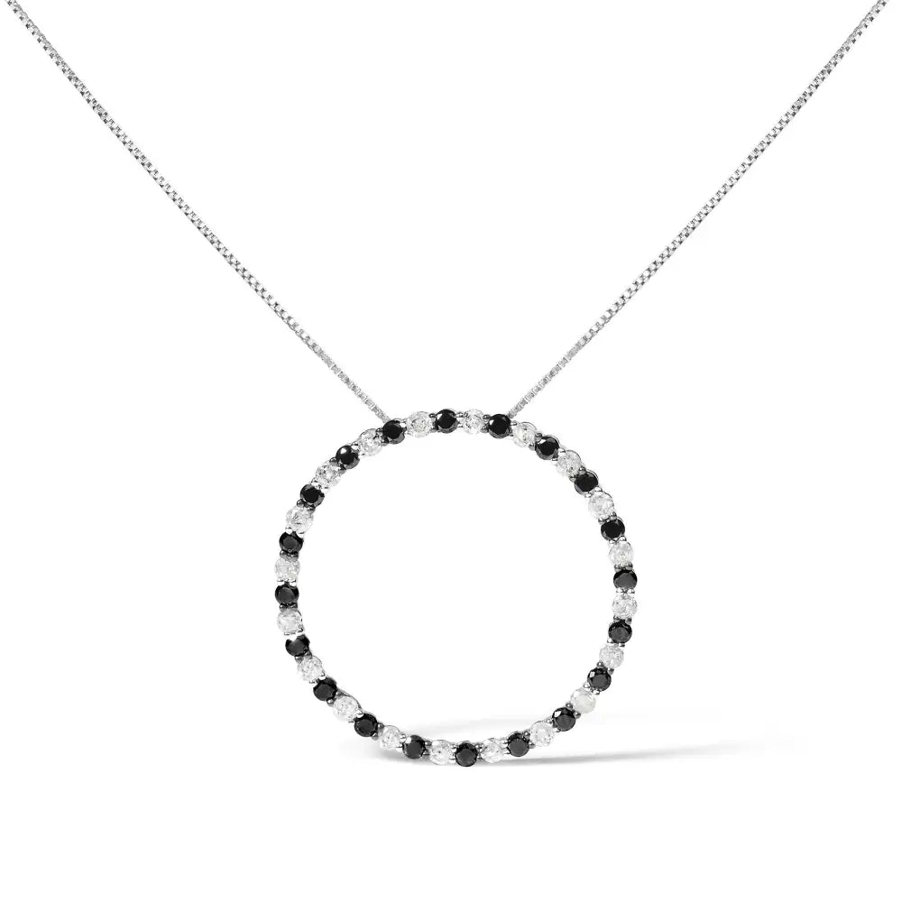 .925 Sterling Silver 2.0 Cttw Alternating Black and White Diamond Open Hoop Circle Pendant Necklace (h-i Color I2-i3