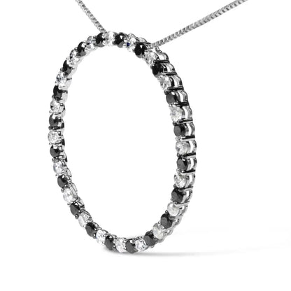 .925 Sterling Silver 2.0 Cttw Alternating Black and White Diamond Open Hoop Circle Pendant Necklace (h-i Color I2-i3