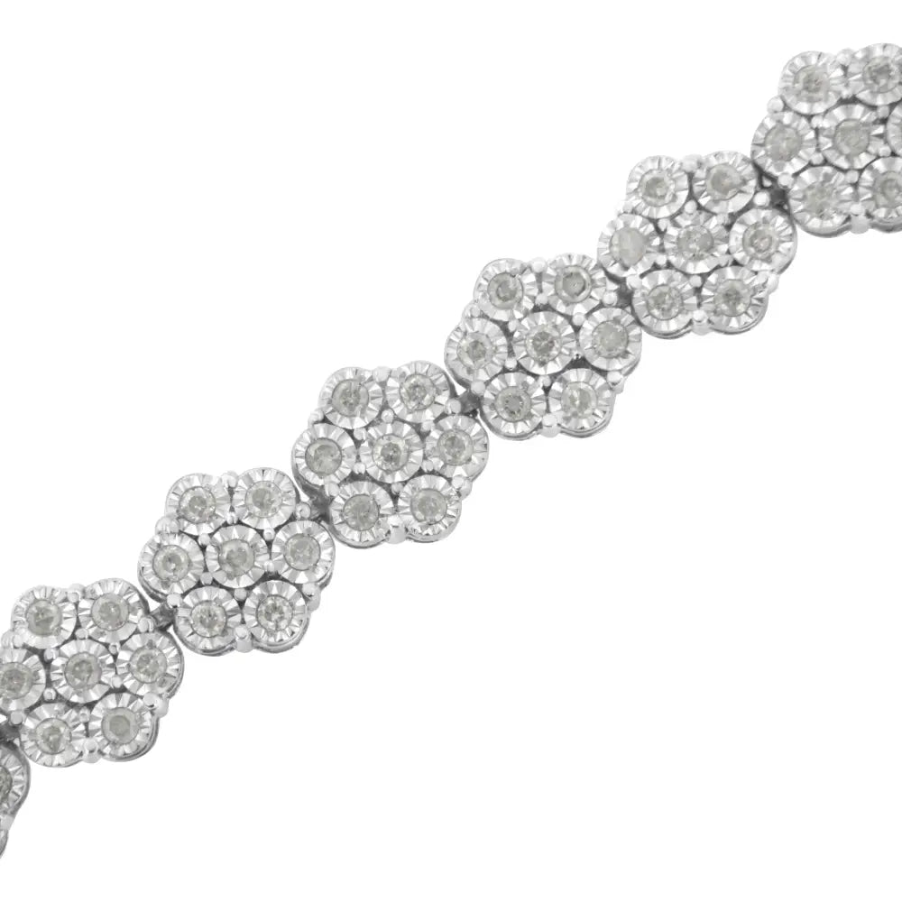 .925 Sterling Silver 2.0 Cttw Diamond 7 Stone Floral Cluster Link Bracelet (i-j Color I3 Clarity) -7.25’’ - Fine