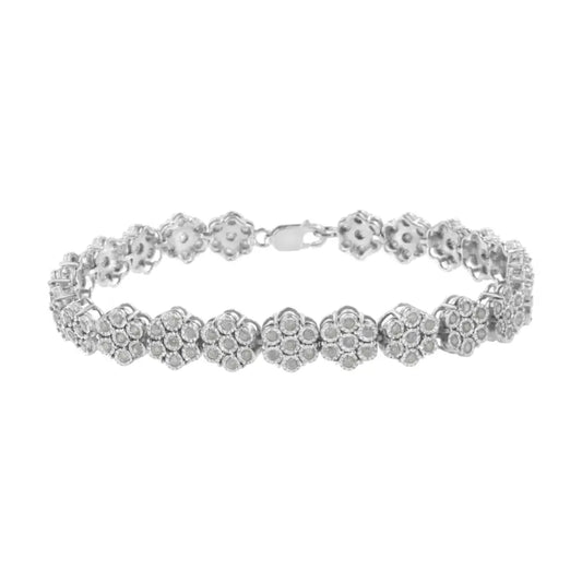 .925 Sterling Silver 2.0 Cttw Diamond 7 Stone Floral Cluster Link Bracelet (i-j Color I3 Clarity) -7.25’’ - Fine