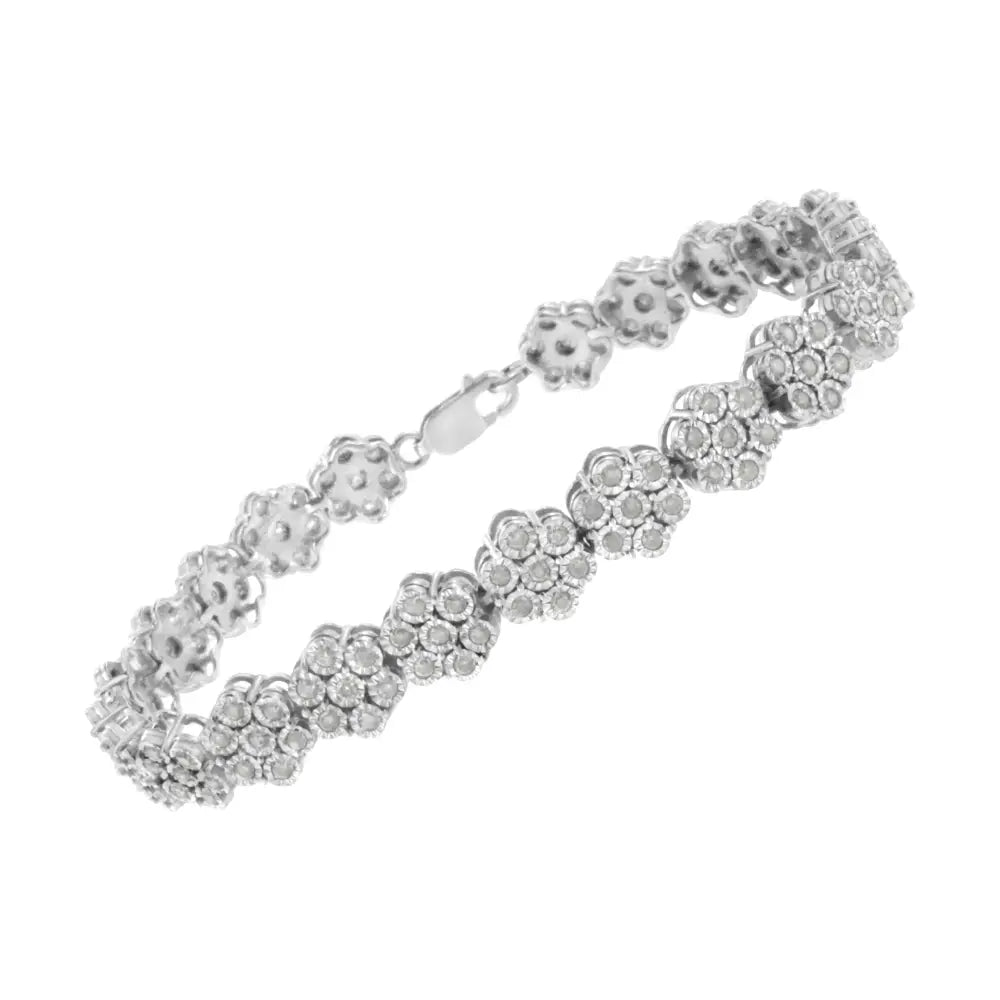 .925 Sterling Silver 2.0 Cttw Diamond 7 Stone Floral Cluster Link Bracelet (i-j Color I3 Clarity) -7.25’’ - Fine