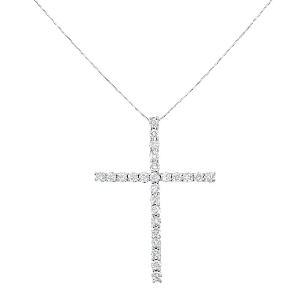 .925 Sterling Silver 2.0 Cttw Round Shape Diamond 1-1/4’’ Cross Pendant with Box Chain Necklace (i-j Color I1-i2