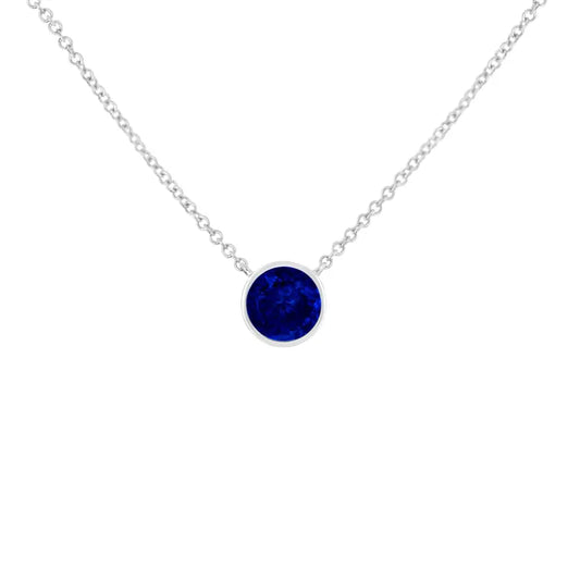 .925 Sterling Silver 2.5mm Lab Grown Cobalt Blue Sapphire Solitaire Bezel Necklace - Fine Jewelry us Direct