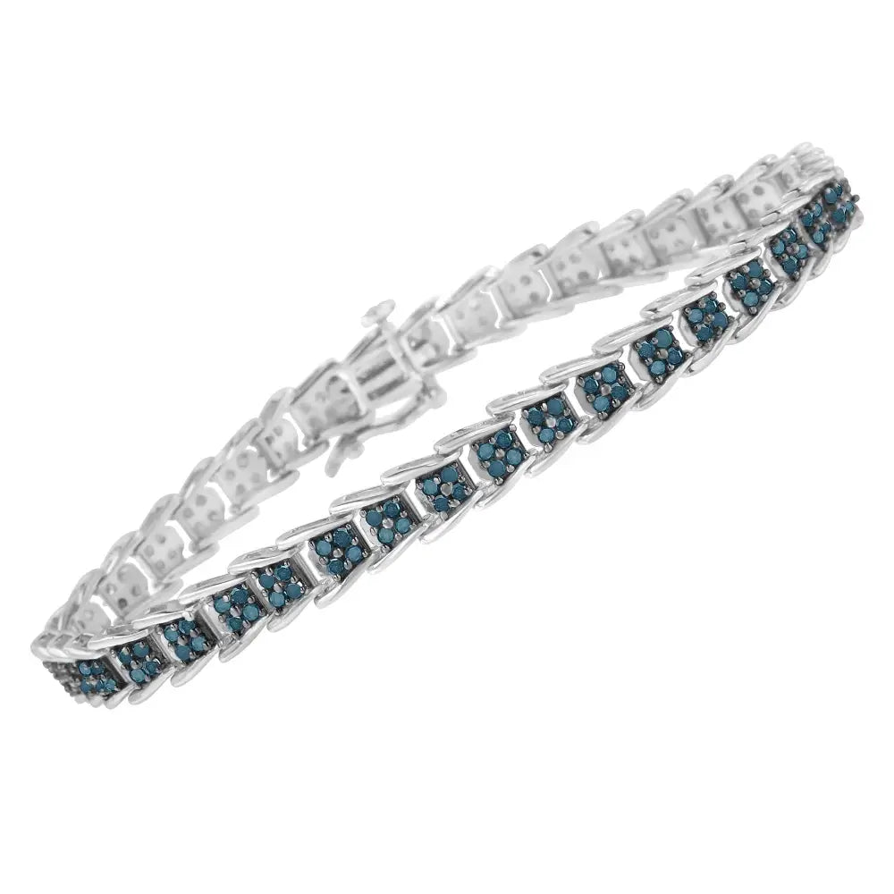 .925 Sterling Silver 2 Cttw Treated Blue Diamond Fan-shaped Nested Link 7’’ Tennis Bracelet (blue Color I3 Clarity)