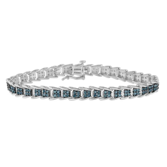 .925 Sterling Silver 2 Cttw Treated Blue Diamond Fan-shaped Nested Link 7’’ Tennis Bracelet (blue Color I3 Clarity)