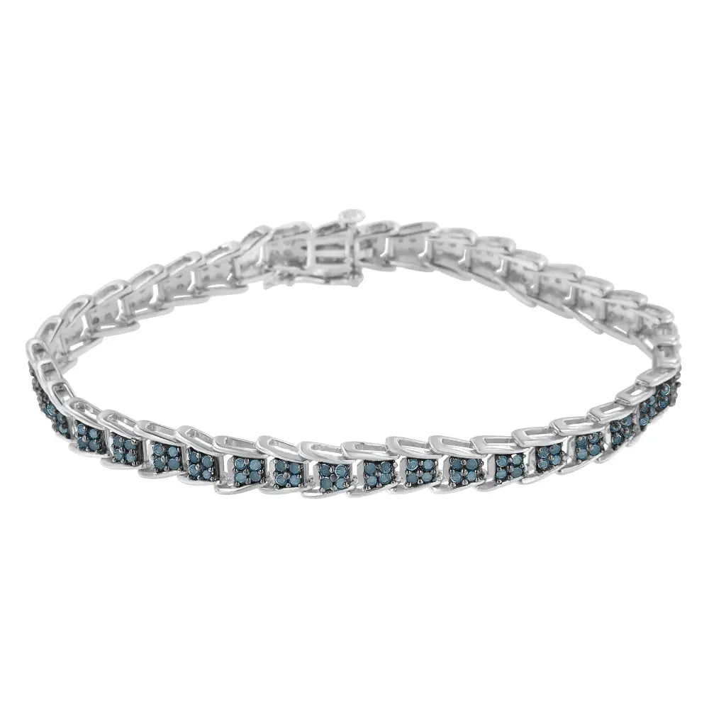 .925 Sterling Silver 2 Cttw Treated Blue Diamond Fan-shaped Nested Link 7’’ Tennis Bracelet (blue Color I3 Clarity)