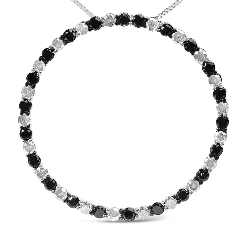 .925 Sterling Silver 3.0 Cttw Alternating Black and White Diamond Open Hoop Circle Pendant Necklace (h-i Color I3