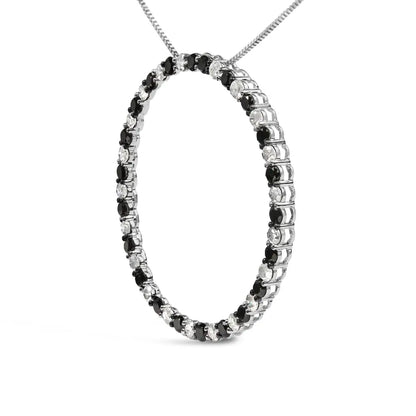 .925 Sterling Silver 3.0 Cttw Alternating Black and White Diamond Open Hoop Circle Pendant Necklace (h-i Color I3