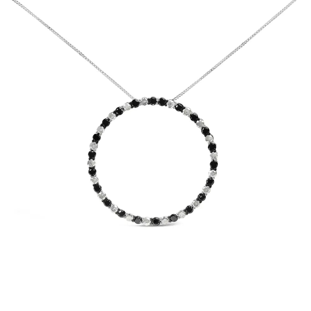 .925 Sterling Silver 3.0 Cttw Alternating Black and White Diamond Open Hoop Circle Pendant Necklace (h-i Color I3