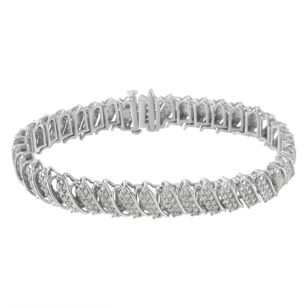 .925 Sterling Silver 3.0 Cttw Diamond Multi Row Cluster Slanted Wave Link 7-¼” Tennis Bracelet (i-j Color I2-i3