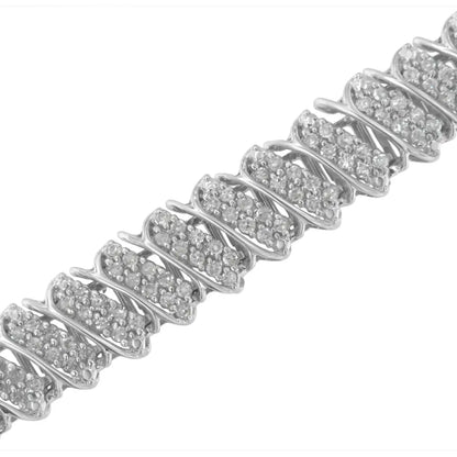 .925 Sterling Silver 3.0 Cttw Diamond Multi Row Cluster Slanted Wave Link 7-¼” Tennis Bracelet (i-j Color I2-i3