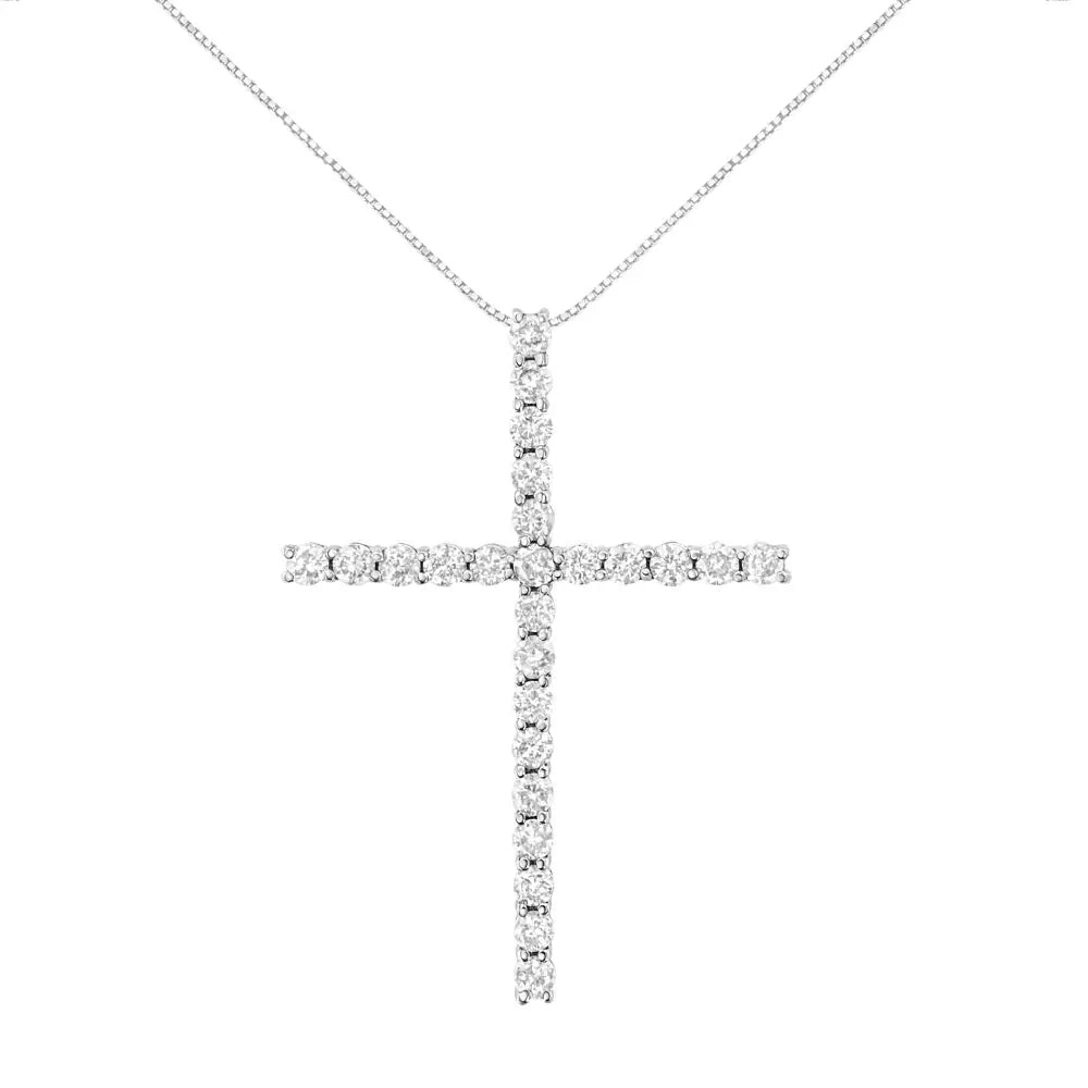 .925 Sterling Silver 3.0 Cttw Round Shape Diamond 1-1/2’’ Cross Pendant with Box Chain Necklace (j-k Color I2-i3