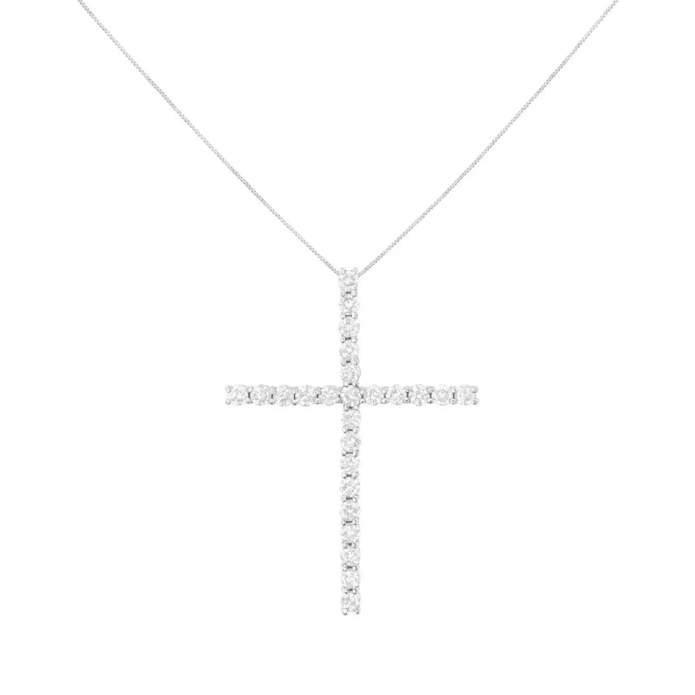 .925 Sterling Silver 3.0 Cttw Round Shape Diamond 1-1/2’’ Cross Pendant with Box Chain Necklace (j-k Color I2-i3