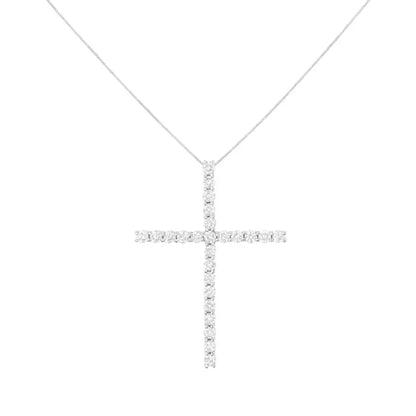 .925 Sterling Silver 3.0 Cttw Round Shape Diamond 1-1/2’’ Cross Pendant with Box Chain Necklace (j-k Color I2-i3