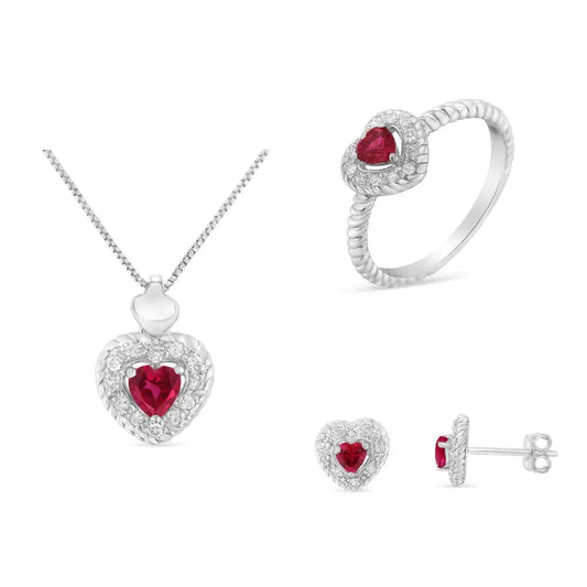 .925 Sterling Silver ¾ Cttw Lab-created Ruby 1/4 Diamond Heart Ring Earrings and Pendant Necklace Set (i-j Color I2-i3