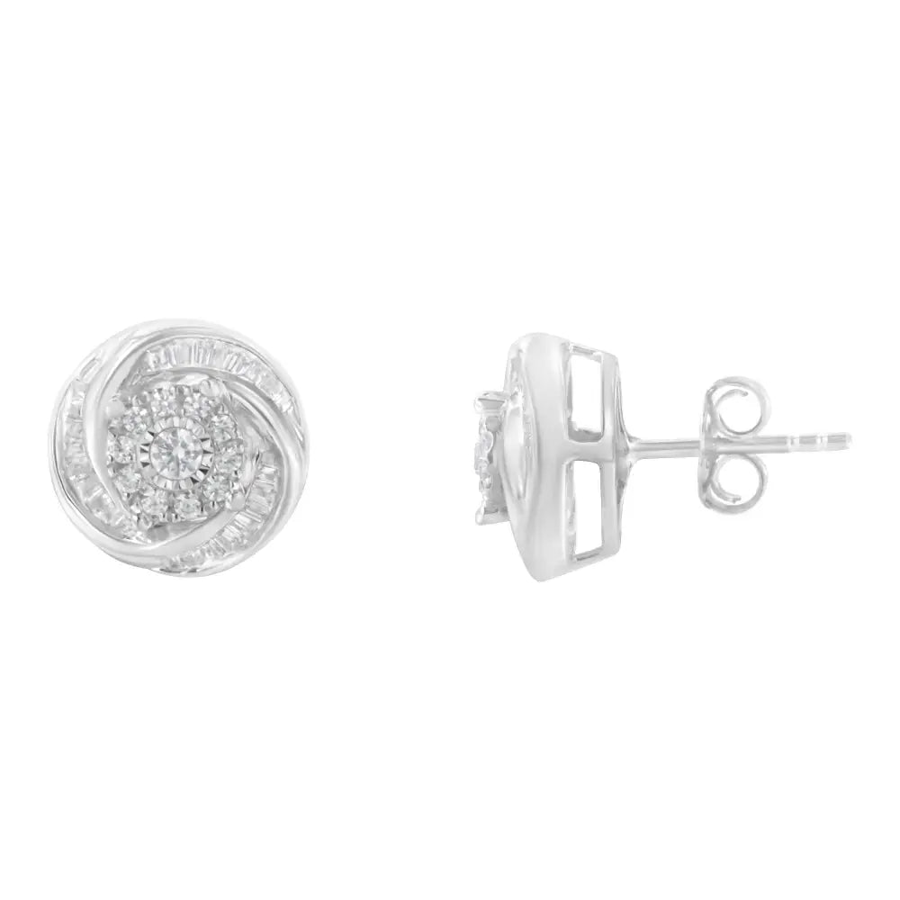 .925 Sterling Silver 3/4 Cttw Round and Baguette-cut Diamond Love Knot Stud Earring (i-j Color I2-i3 Clarity) - Fine