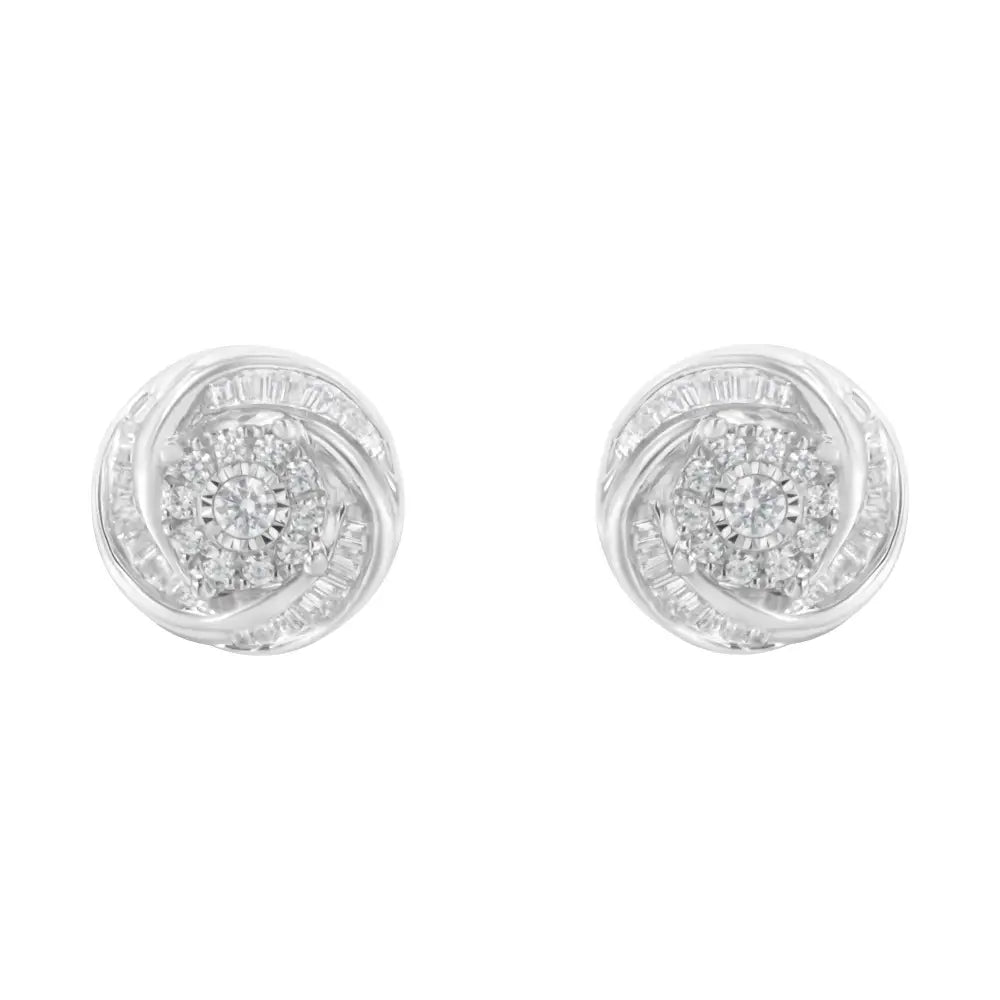 .925 Sterling Silver 3/4 Cttw Round and Baguette-cut Diamond Love Knot Stud Earring (i-j Color I2-i3 Clarity) - Fine