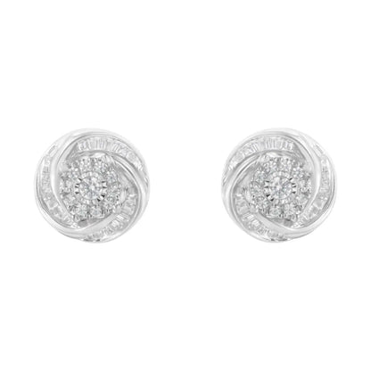 .925 Sterling Silver 3/4 Cttw Round and Baguette-cut Diamond Love Knot Stud Earring (i-j Color I2-i3 Clarity) - Fine