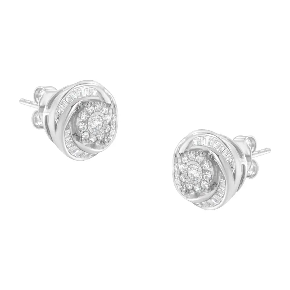 .925 Sterling Silver 3/4 Cttw Round and Baguette-cut Diamond Love Knot Stud Earring (i-j Color I2-i3 Clarity) - Fine