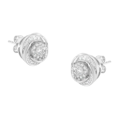 .925 Sterling Silver 3/4 Cttw Round and Baguette-cut Diamond Love Knot Stud Earring (i-j Color I2-i3 Clarity) - Fine