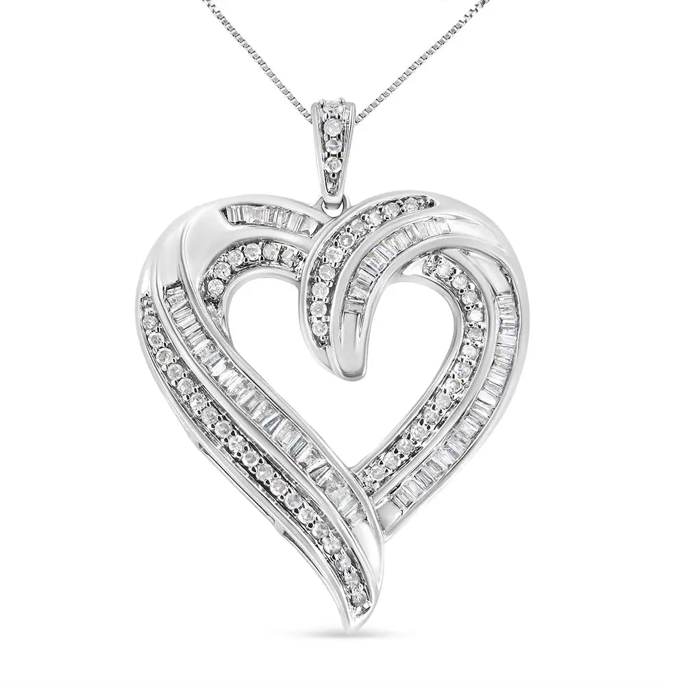 .925 Sterling Silver 3/4 Cttw Round and Baguette-cut Diamond Open Heart 18’’ Pendant Necklace (i-j Color I2-i3