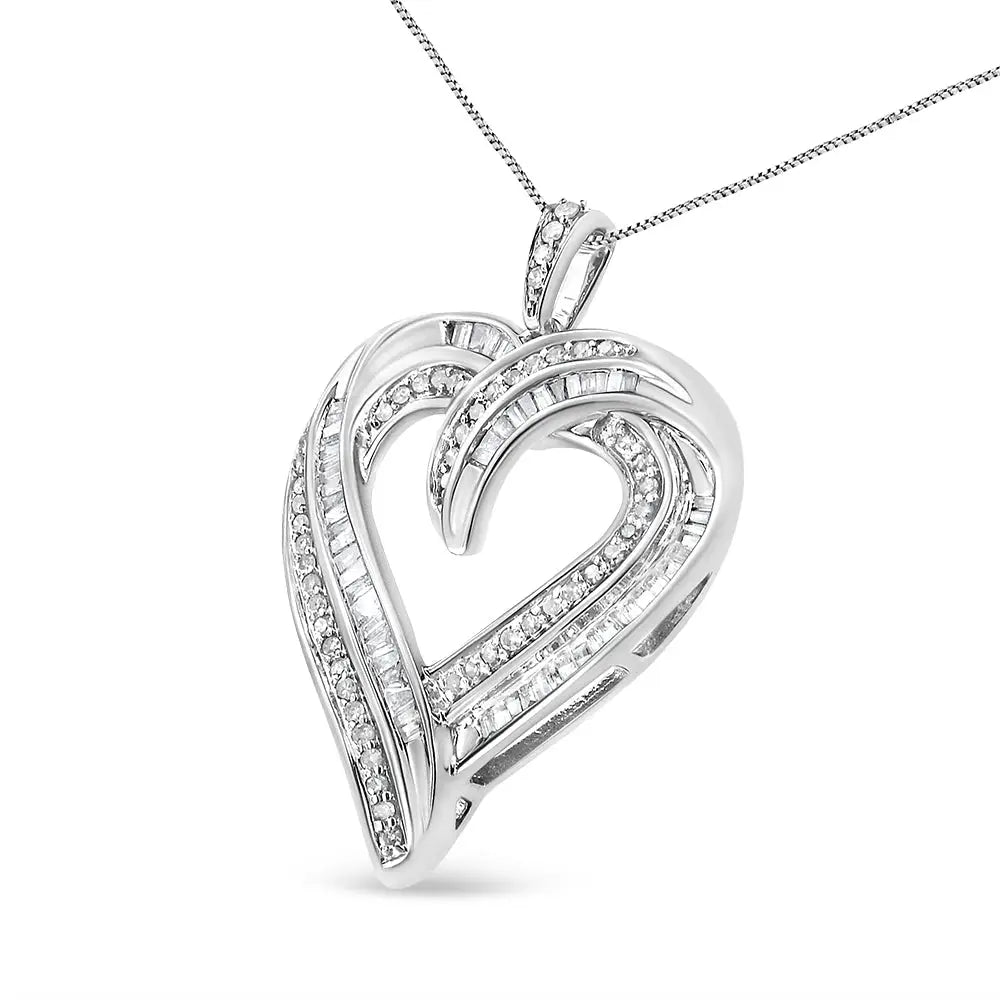 .925 Sterling Silver 3/4 Cttw Round and Baguette-cut Diamond Open Heart 18’’ Pendant Necklace (i-j Color I2-i3