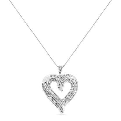 .925 Sterling Silver 3/4 Cttw Round and Baguette-cut Diamond Open Heart 18’’ Pendant Necklace (i-j Color I2-i3