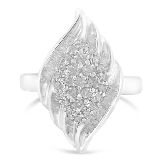 .925 Sterling Silver ¾ Cttw Round and Baguette Cut Diamond Stair-stepped Cluster Waterfall Cocktail Ring (i-j Color