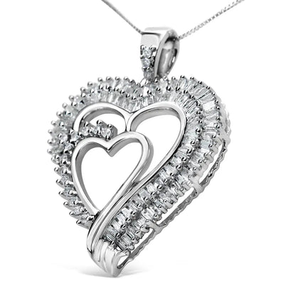 .925 Sterling Silver 3/4 Cttw Round and Baguette Diamond Double Heart Pendant 18’’ Necklace (i-j Color I3 Clarity)