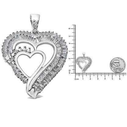 .925 Sterling Silver 3/4 Cttw Round and Baguette Diamond Double Heart Pendant 18’’ Necklace (i-j Color I3 Clarity)