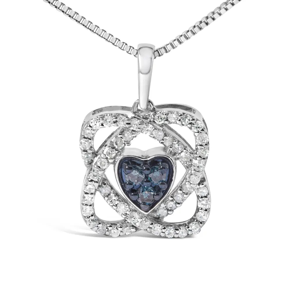 .925 Sterling Silver 3/8 Cttw Blue Diamond Heart and Woven Halo 18’’ Pendant Necklace (blue Color I1-i2 Clarity)