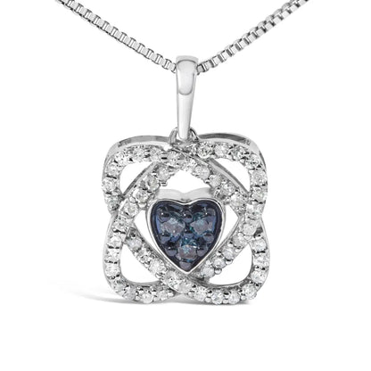 .925 Sterling Silver 3/8 Cttw Blue Diamond Heart and Woven Halo 18’’ Pendant Necklace (blue Color I1-i2 Clarity)