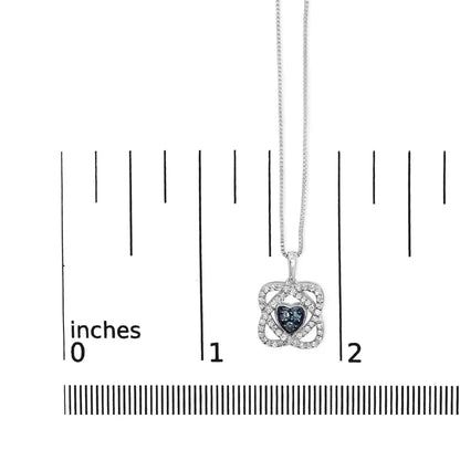 .925 Sterling Silver 3/8 Cttw Blue Diamond Heart and Woven Halo 18’’ Pendant Necklace (blue Color I1-i2 Clarity)