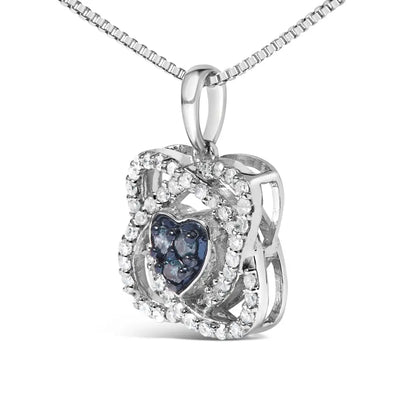 .925 Sterling Silver 3/8 Cttw Blue Diamond Heart and Woven Halo 18’’ Pendant Necklace (blue Color I1-i2 Clarity)