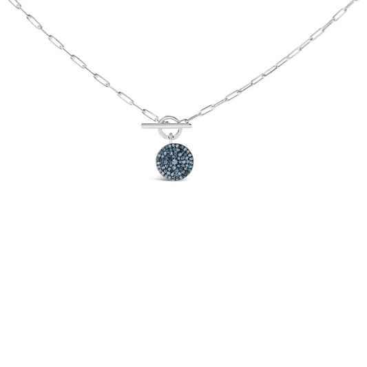 .925 Sterling Silver 3/8 Cttw Blue Diamond Medallion with Toggle Bale Paperclip Chain Pendant Necklace (blue Color