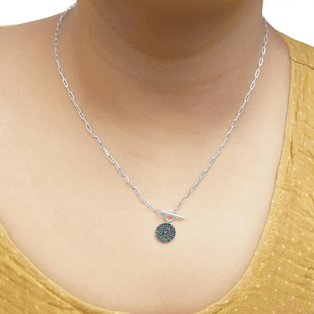 .925 Sterling Silver 3/8 Cttw Blue Diamond Medallion with Toggle Bale Paperclip Chain Pendant Necklace (blue Color