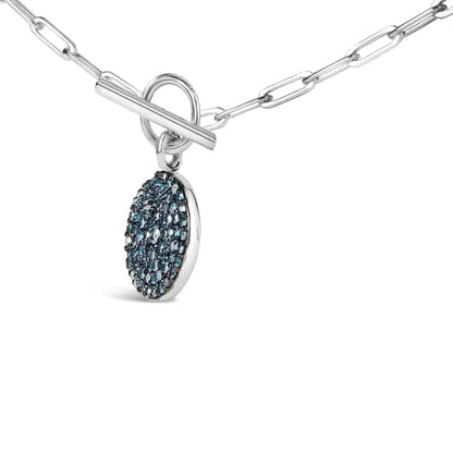 .925 Sterling Silver 3/8 Cttw Blue Diamond Medallion with Toggle Bale Paperclip Chain Pendant Necklace (blue Color