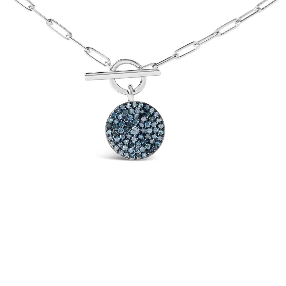 .925 Sterling Silver 3/8 Cttw Blue Diamond Medallion with Toggle Bale Paperclip Chain Pendant Necklace (blue Color