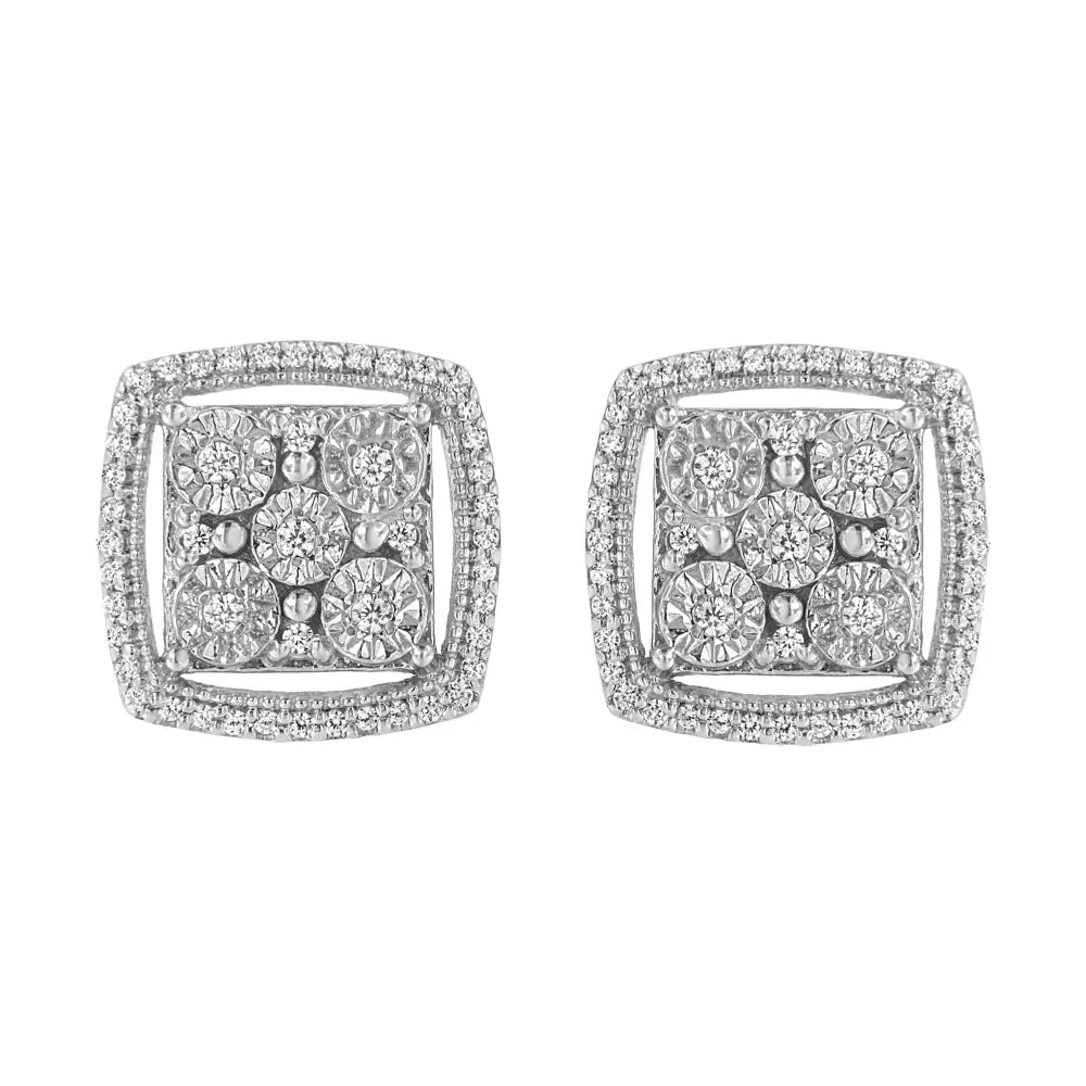 .925 Sterling Silver 3/8 Cttw Miracle Set Round Diamond Double Halo Cluster Earrings (i-j Color I2-i3 Clarity) - Fine