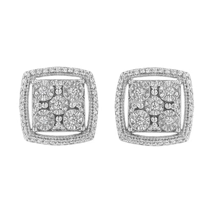 .925 Sterling Silver 3/8 Cttw Miracle Set Round Diamond Double Halo Cluster Earrings (i-j Color I2-i3 Clarity) - Fine