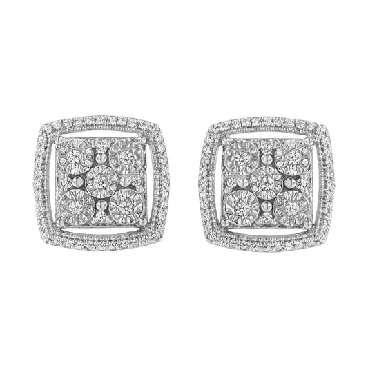 .925 Sterling Silver 3/8 Cttw Miracle Set Round Diamond Double Halo Cluster Earrings (i-j Color I2-i3 Clarity) - Fine