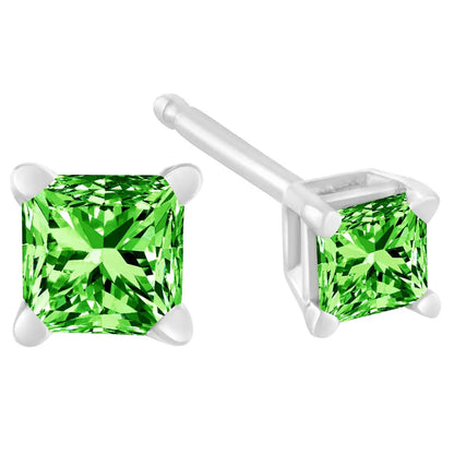 .925 Sterling Silver 3/8 Cttw Princess-cut Square Green Diamond Stud Earrings (fancy Color-enhanced I2-i3 Clarity)